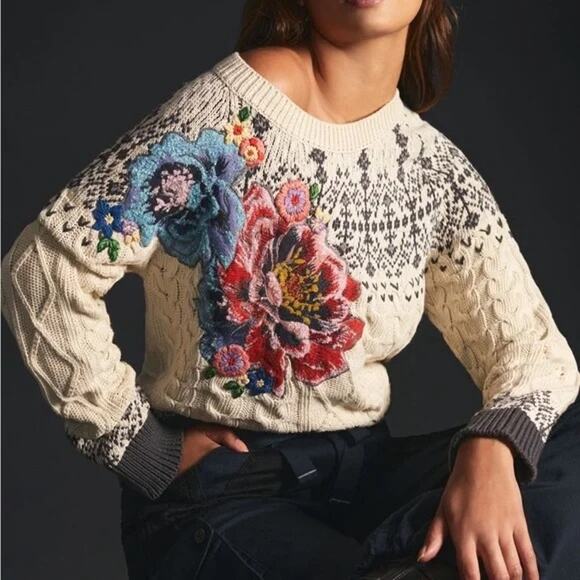 NWT By Anthropologie Cable-Knit Fairisle Sweater pullover size XS NEW $198.00 - Picture 3 of 5